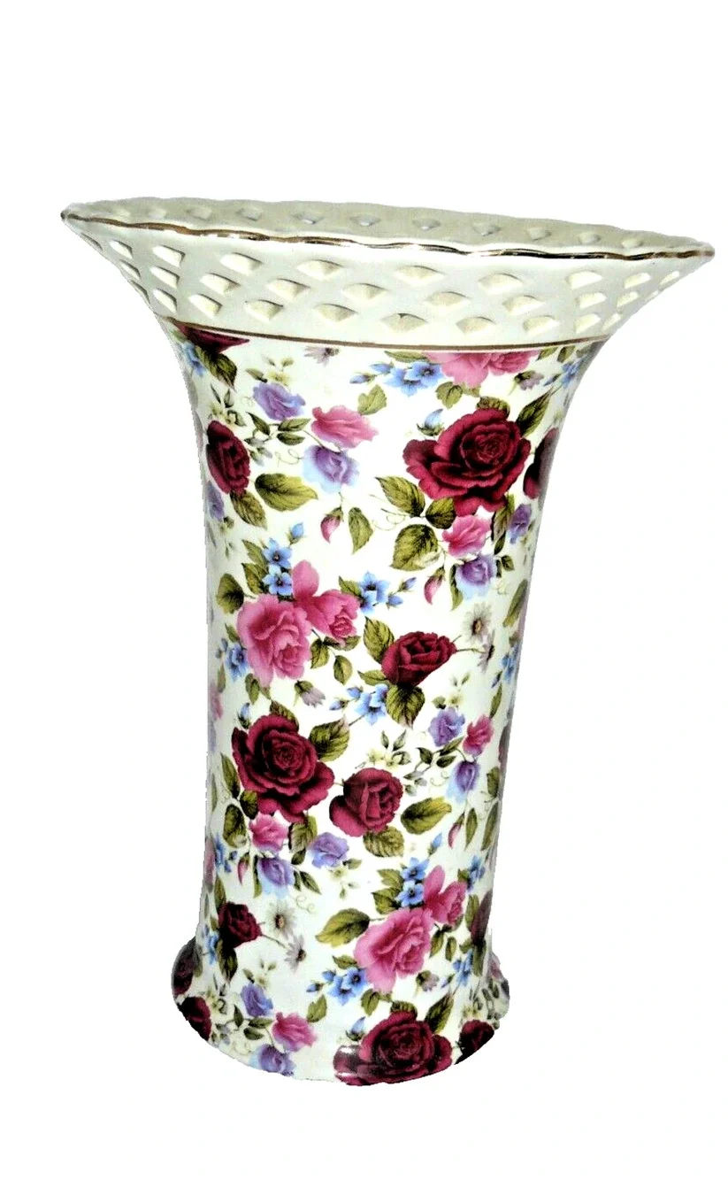Floral Chintz Summer Rose Reticulated Vase Porcelain Vintage Baum Bros